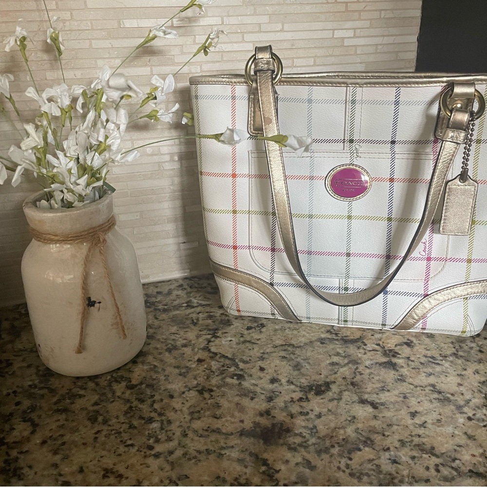 Coach Multicolor Plaid Tote with Gold Accents